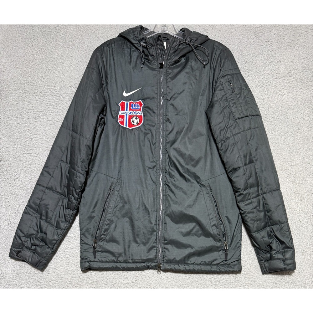 Nike FRAM SK Soccer Club Black Hooded Puffer Jacket Diamond Quilted Mens Small